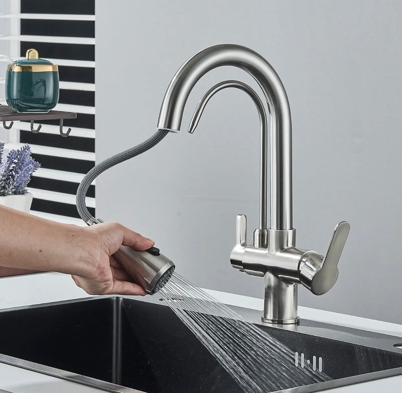 #1570 Touch Sensor Kitchen Sink Faucet Pull Down 2 Handle 3 in 1 Water Filter Faucet