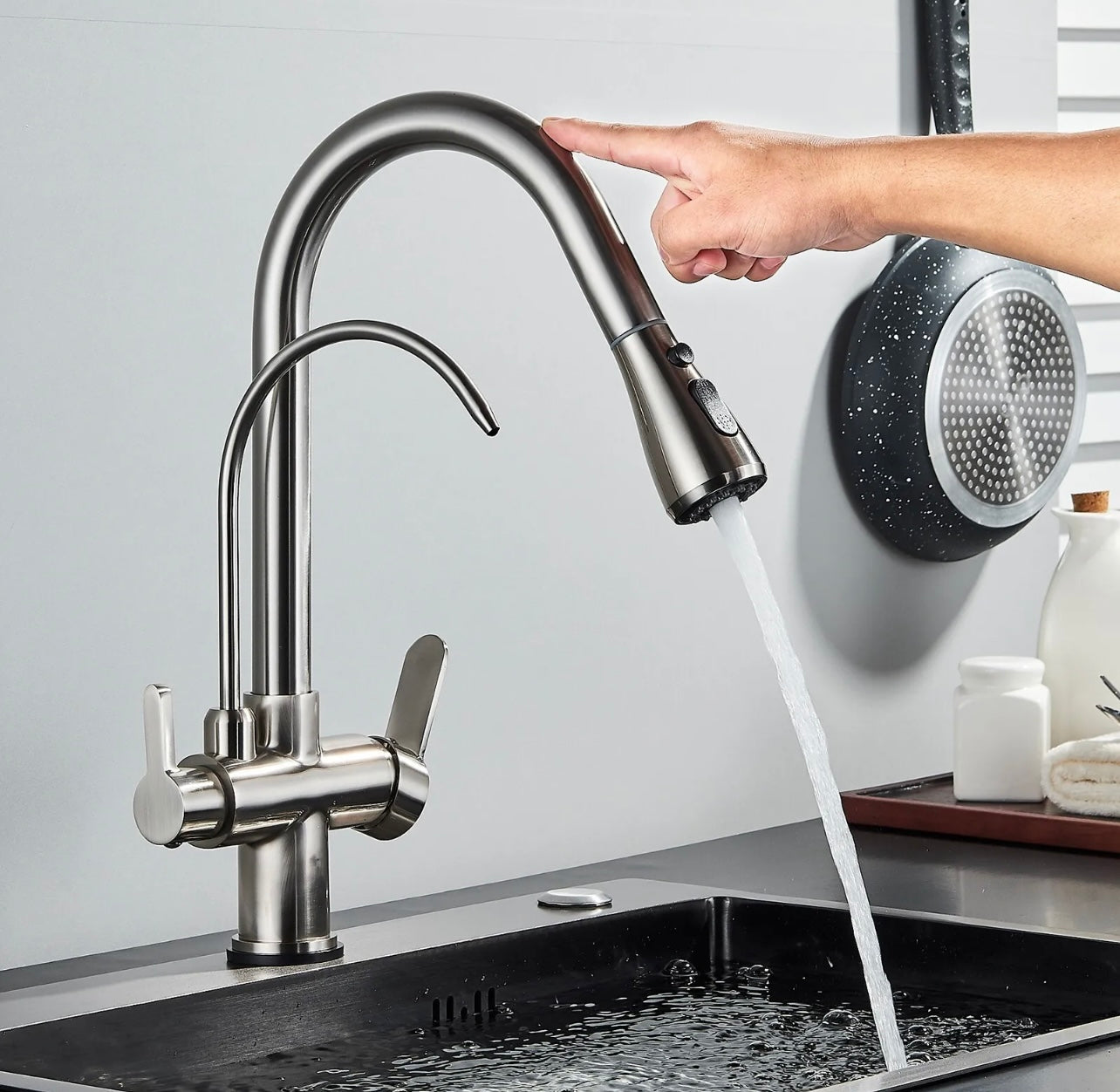 #1570 Touch Sensor Kitchen Sink Faucet Pull Down 2 Handle 3 in 1 Water Filter Faucet