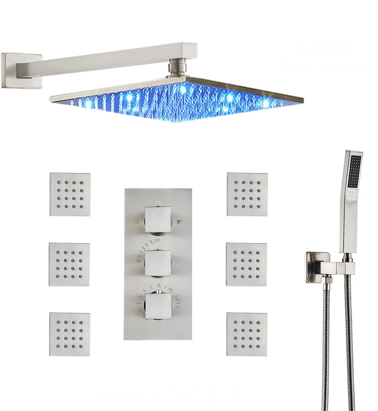 12 inch brushed nickel led 3 function wall mount shower system with 6x massage jets