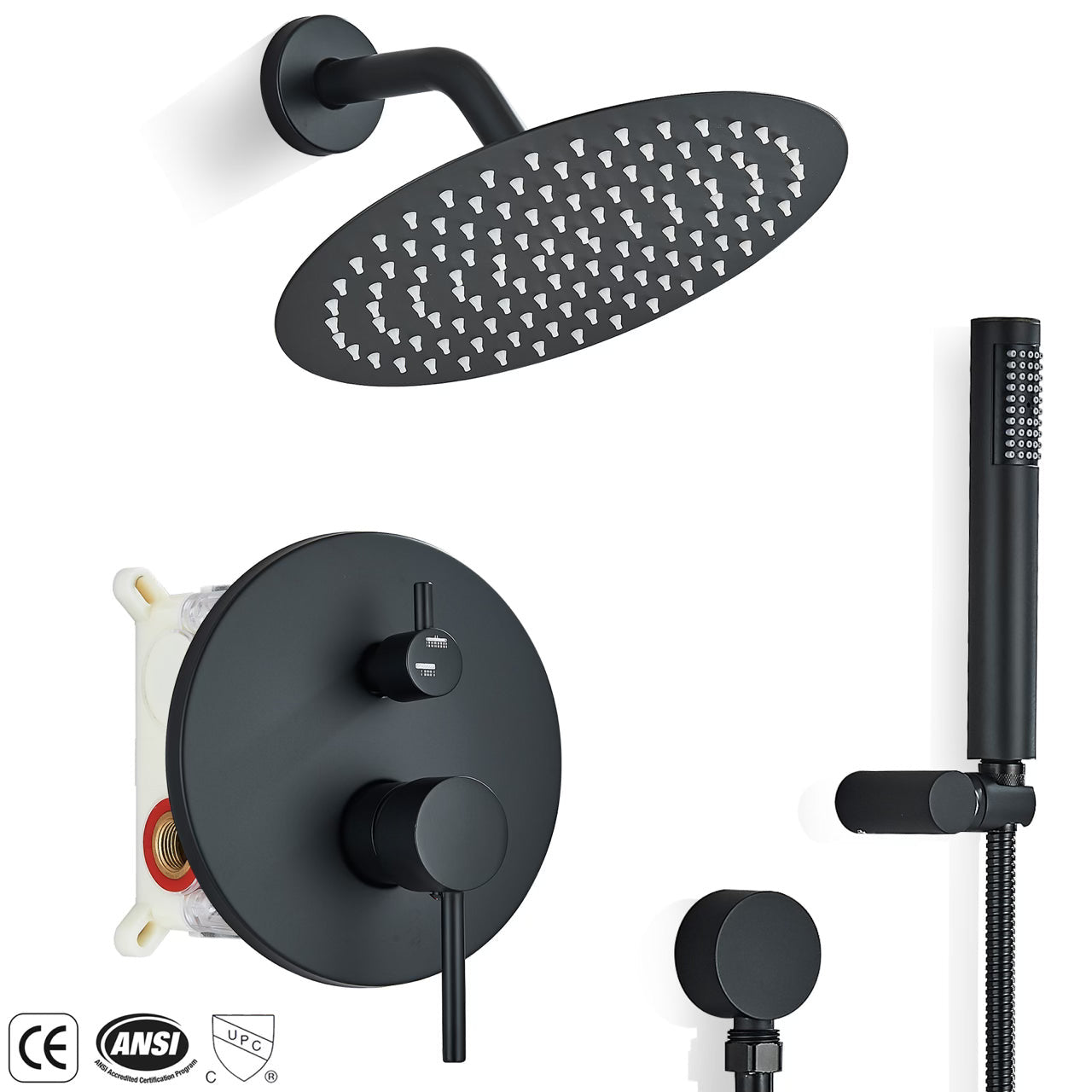 #1025 8-INCH Matte Black 2 Function Shower Faucet Set System Rainfall Shower Head Combo w/Mixer Valve