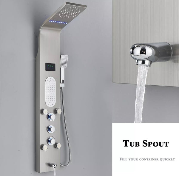 #1280 BRUSHED NICKEL 5 FUNCTION RAINFALL & WATERFALL LED SHOWER PANEL TOWER MASSAGE SPRAY SYSTEM