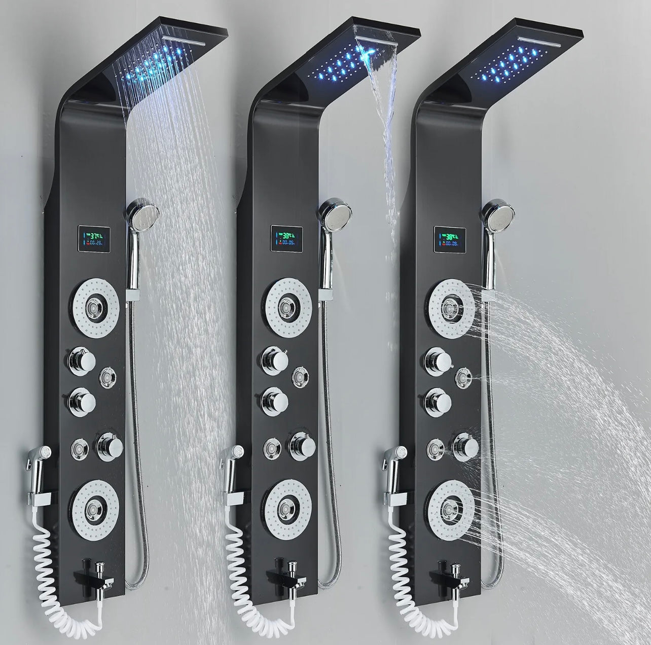 Stainless Steel 7 Function Rainfall & Waterfall LED Shower Panel Tower Massage Spray System