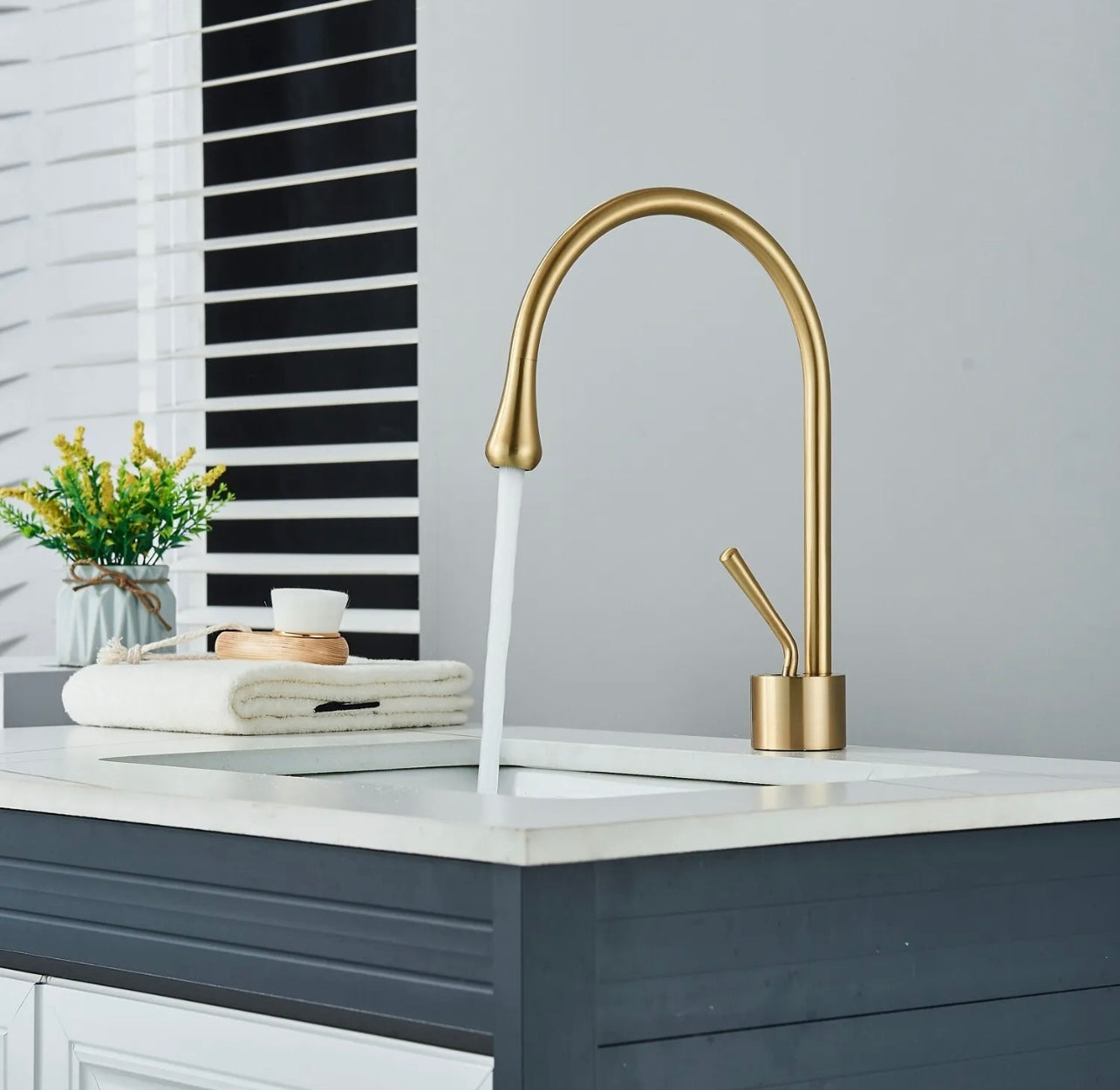 Brushed Gold Goose Neck Waterfall vanity faucet
