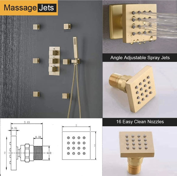 #1028 12-INCH LED BRUSHED GOLD CEILING MOUNT 3 FUNCTION SHOWER SET WITH 6X MASSAGE JETS