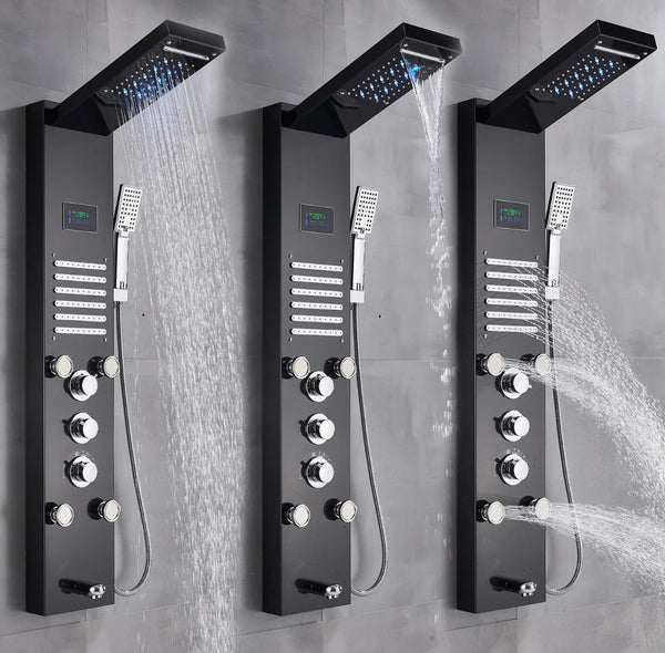 Stainless Steel LED Shower Panel 5-Funtion Tower Rain&Waterfall Massage Jets System Mixer