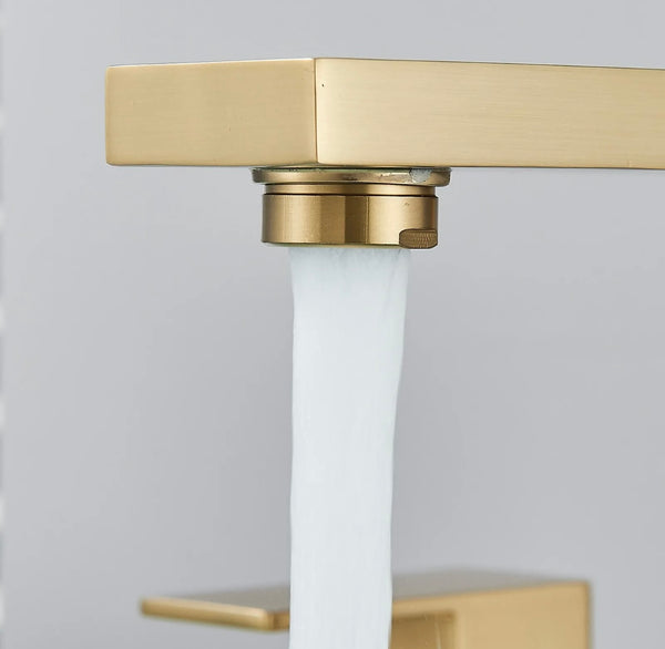 #1412 BRUSHED GOLD 8 INCH WIDESPREAD WATERFALL VANITY FAUCET