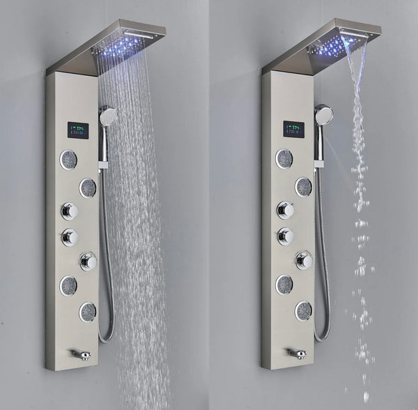 #1278 STAINLESS STEEL 5 FUNCTION RAINFALL & WATERFALL LED SHOWER PANEL TOWER MASSAGE SPRAY SYSTEM