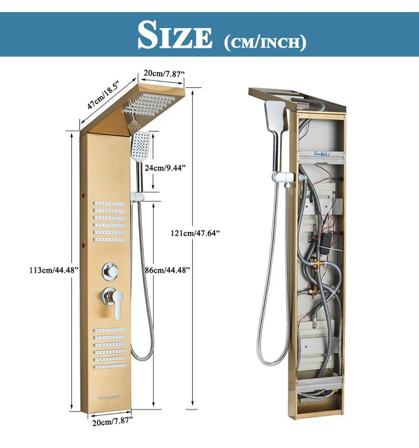#1273 LED Rainfall Shower Panel Tower Massage Shower Faucet System Set Stainless Steel