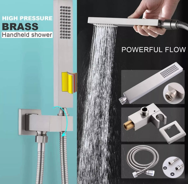 16x32 INCH BRUSHED NICKEL LED 3 FUNCTION CEILING MOUNT SHOWER SYSTEM WITH 6x MASSAGE JETS