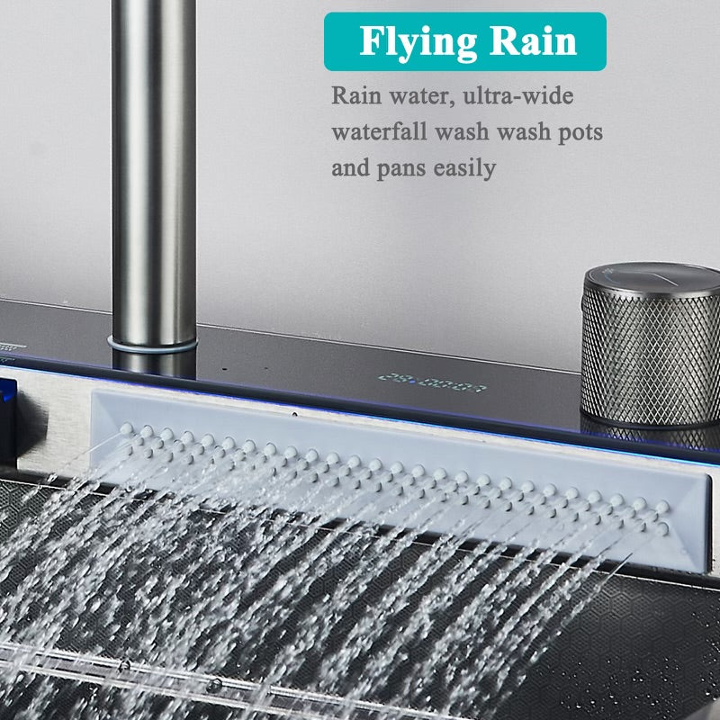 #1542 STAINLESS STEEL SMART LCD TEMP KITCHEN SINK COMBO WITH TAP WATER PULL-OUT FAUCET + PURIFIED WATER FAUCET, SOAP DISPENSER, GLASS RINSER & MULTIPLE ACCESSORIES 29.5”