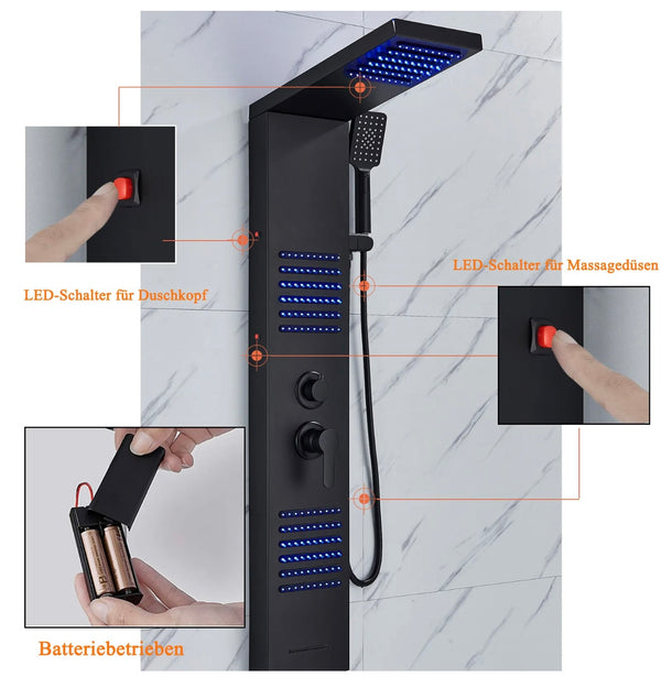 #1273 LED Rainfall Shower Panel Tower Massage Shower Faucet System Set Stainless Steel