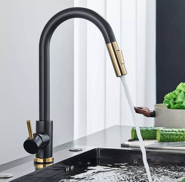 #1588 2 TONE BLACK & GOLD PULL-OUT KITCHEN FAUCET WITH DUAL SPRAY HEAD