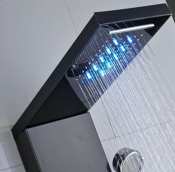 #1283 BLACK 5-FUNCTION SHOWER PANEL SYSTEM LED RAIN & WATERFALL HEAD COMBO MASSAGE JETS MIXER