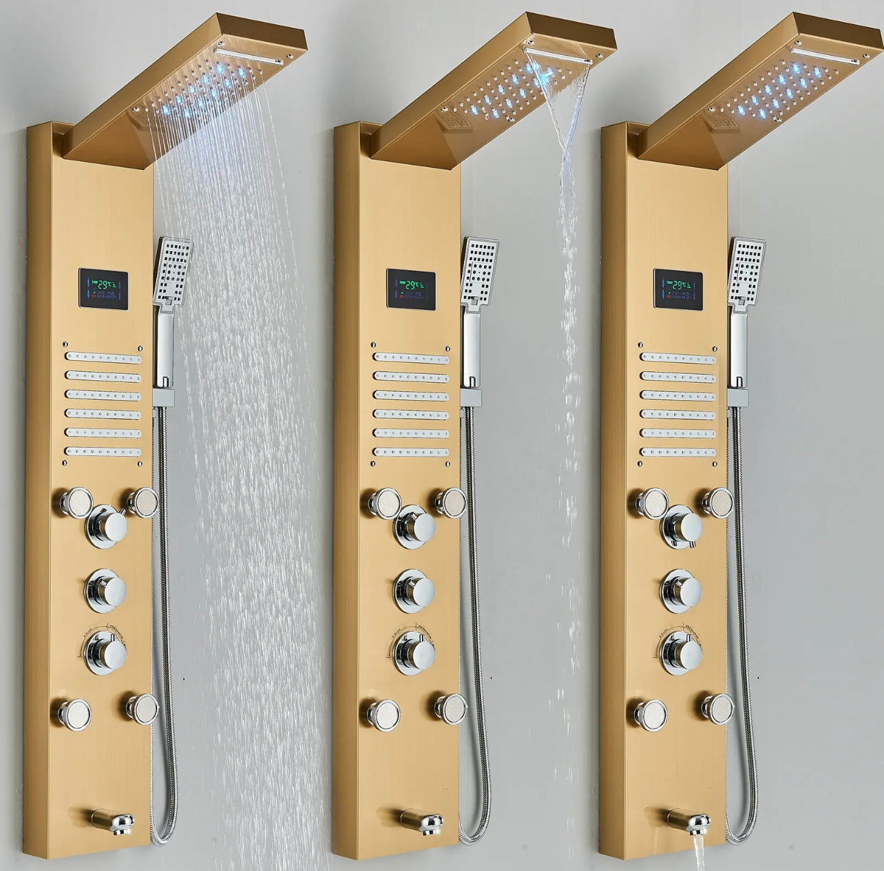 #1274 Brushed Gold Stainless Steel LED Shower Panel 5-Funtion Tower Rain&Waterfall Massage Jets System Mixer