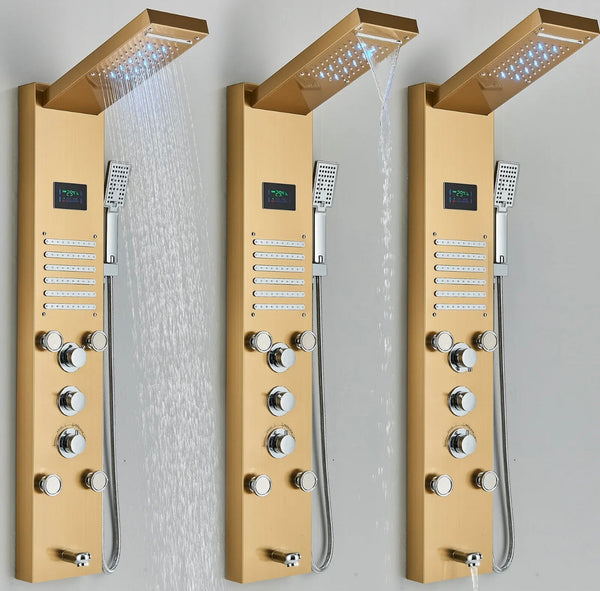 #1274 Brushed Gold Stainless Steel LED Shower Panel 5-Funtion Tower Rain&Waterfall Massage Jets System Mixer