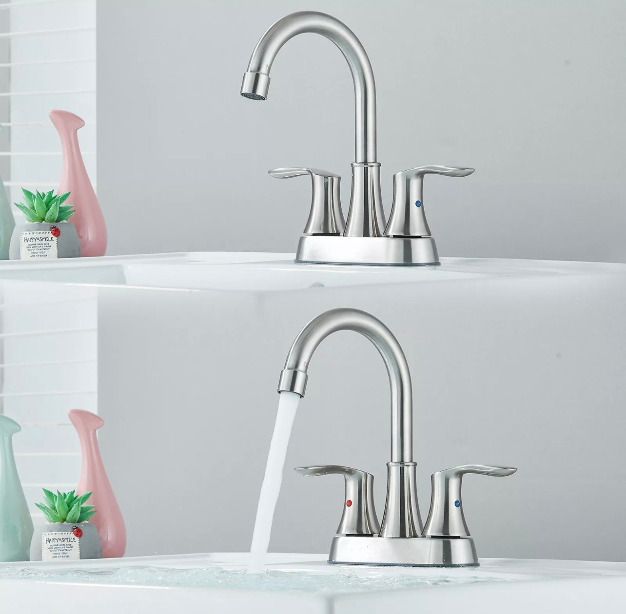 #1452 Brushed Nickel 4 Inch Centerset 2 Handle Vanity Faucet