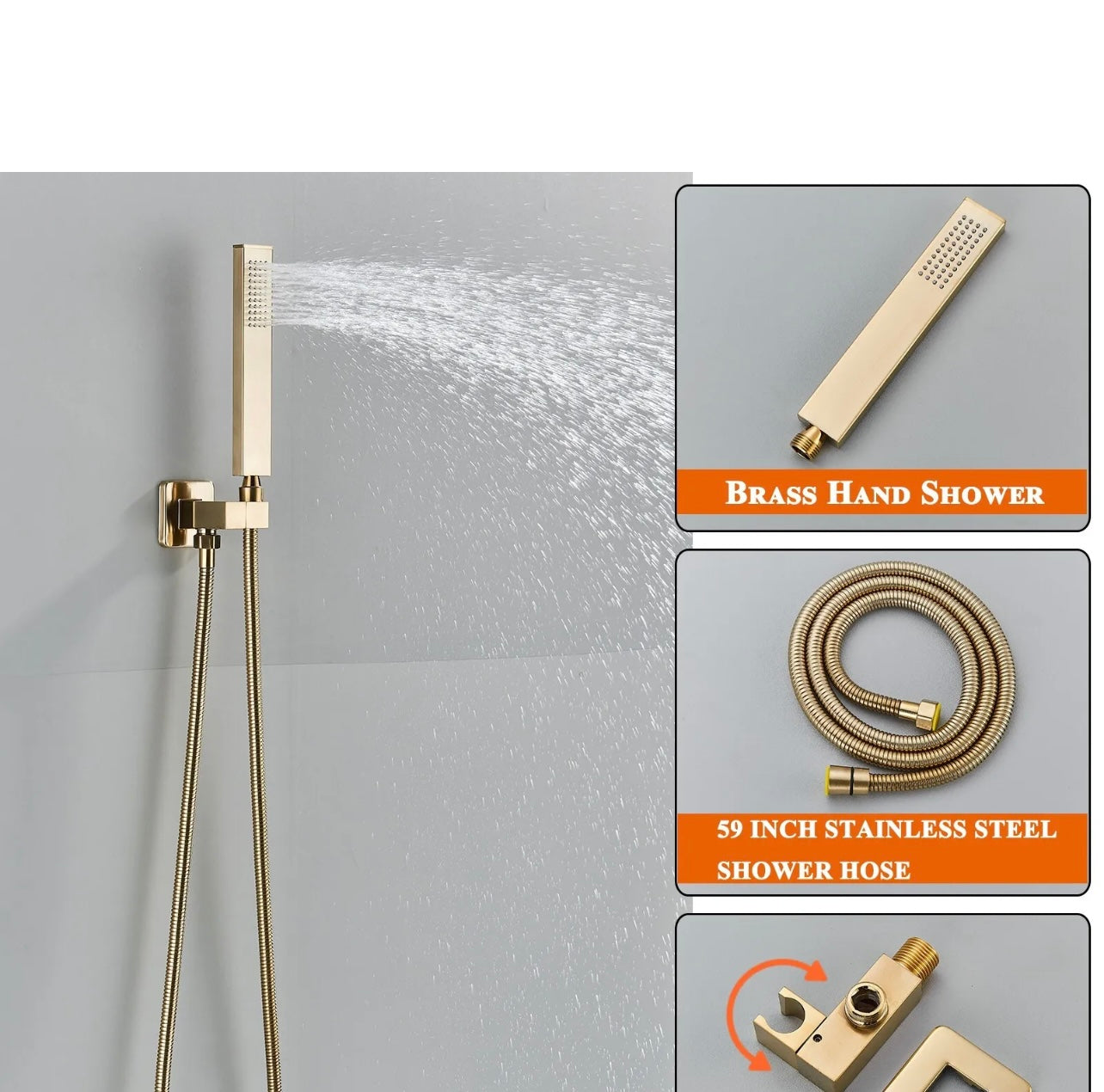 12 inch brushed gold 3 function led wall mount shower system with 6x massage jets