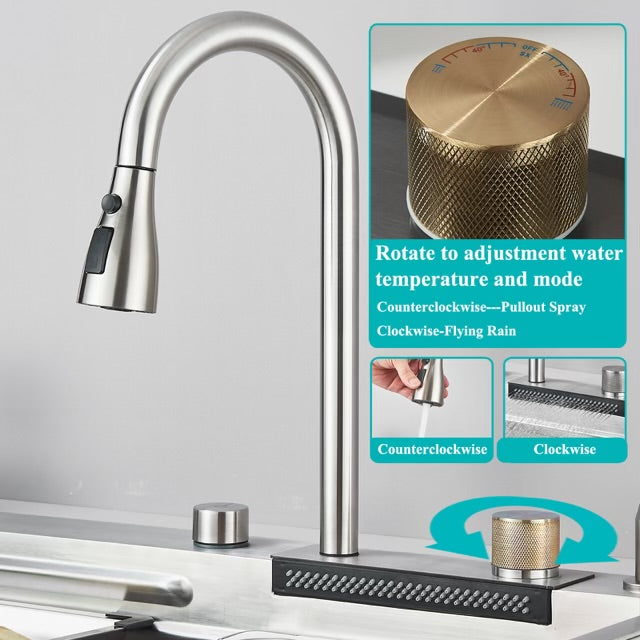 #1543 STAINLESS STEEL KITCHEN SINK COMBO WITH TAP WATER PULL-OUT FAUCET + PURIFIED WATER FAUCET, GLASS RINSER & MULTIPLE ACCESSORIES 31.5”