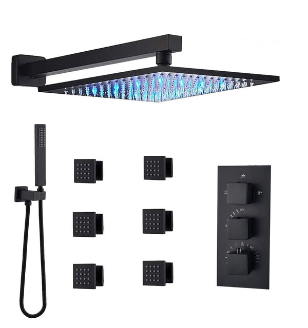 #1011 12 INCH MATTE BLACK LED 3 FUNCTION WALL MOUNT SHOWER SYSTEM WITH 6x MASSAGE JETS