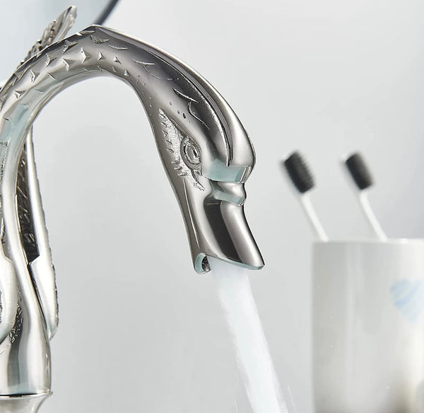 #1413 BRUSHED NICKEL SWAN 8 INCH WIDESPREAD WITH 2 CRYSTAL KNOBS WATERFALL SPOUT VANITY FAUCET