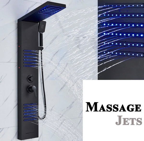 #1273 LED Rainfall Shower Panel Tower Massage Shower Faucet System Set Stainless Steel