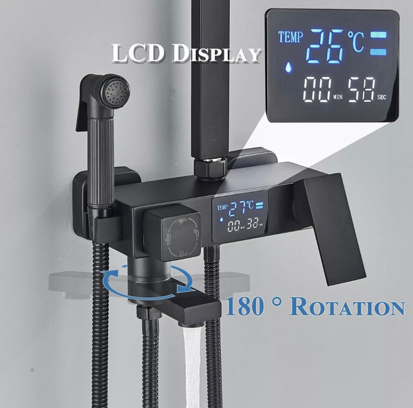 #1151 MATTE BLACK 4 IN 1 EXPOSED SHOWER FAUCET SYSTEM LCD RAINFALL HEAD COMBO WITH HAND SHOWER AND CADDY SHELF