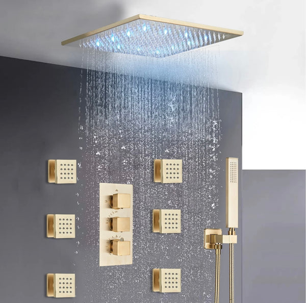 #1028 12-INCH LED BRUSHED GOLD CEILING MOUNT 3 FUNCTION SHOWER SET WITH 6X MASSAGE JETS