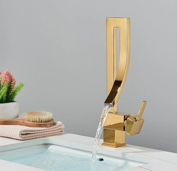 #1426 GOLD HIGH ARC  WATERFALL VANITY FAUCET