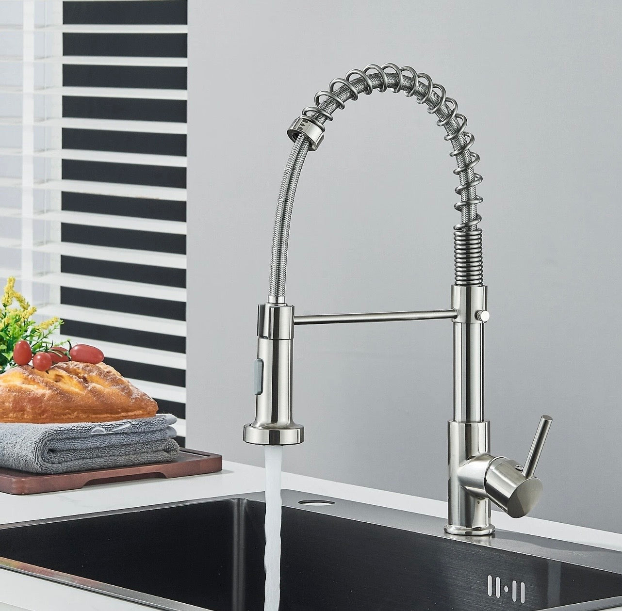 #1572 BRUSHED NICKEL SPRING PULL-DOWN KITCHEN FAUCET WITH DUAL SPRAY HEAD