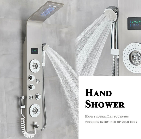 #1270 BRUSHED NICKEL STAINLESS RAINFALL WATERFALL LED SHOWER PANEL TOWER MASSAGE SPRAY SYSTEM