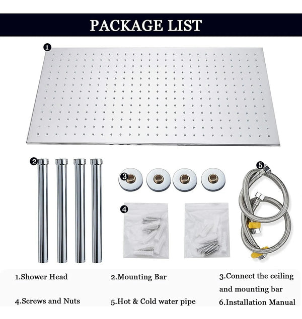 16x32 inch chrome led 3 function ceiling mount shower system with 6x massage jets