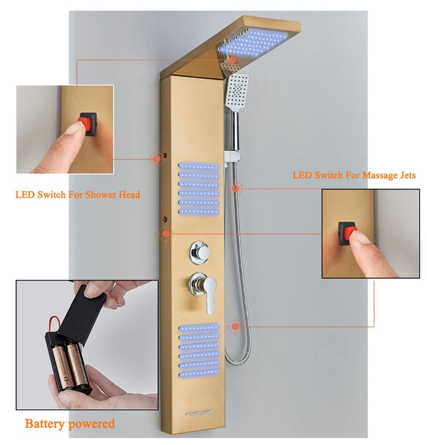 #1273 LED Rainfall Shower Panel Tower Massage Shower Faucet System Set Stainless Steel