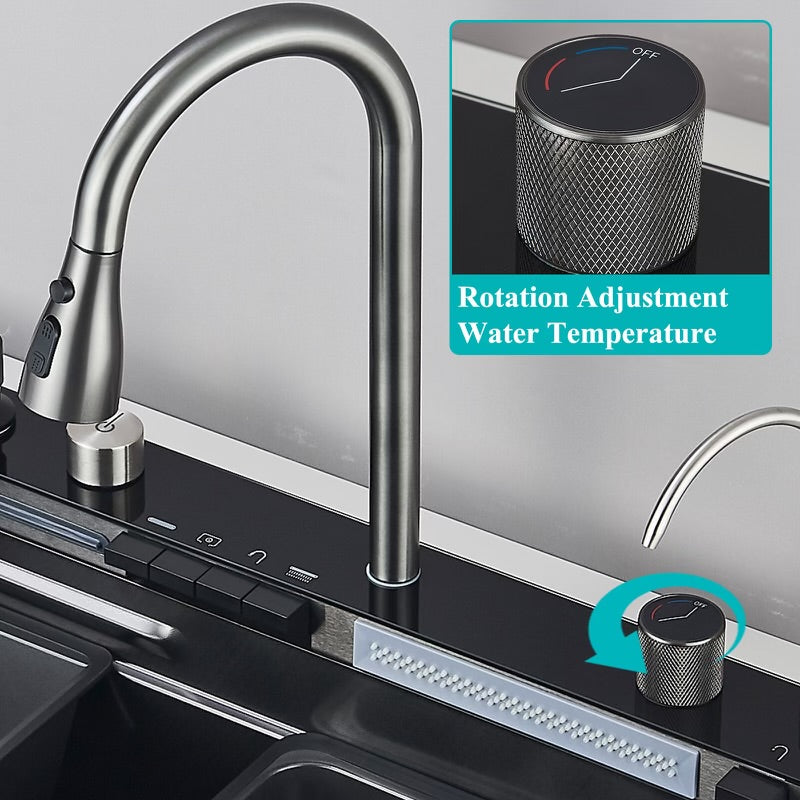 #1542 STAINLESS STEEL SMART LCD TEMP KITCHEN SINK COMBO WITH TAP WATER PULL-OUT FAUCET + PURIFIED WATER FAUCET, SOAP DISPENSER, GLASS RINSER & MULTIPLE ACCESSORIES 29.5”