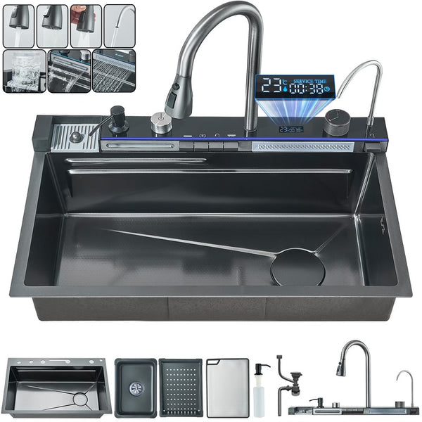 #1542 STAINLESS STEEL SMART LCD TEMP KITCHEN SINK COMBO WITH TAP WATER PULL-OUT FAUCET + PURIFIED WATER FAUCET, SOAP DISPENSER, GLASS RINSER & MULTIPLE ACCESSORIES 29.5”