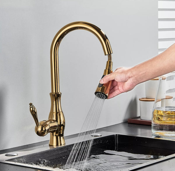 #1595 GOLD PULL-OUT KITCHEN FAUCET WITH DUAL SPRAY HEAD