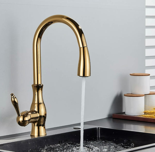#1595 GOLD PULL-OUT KITCHEN FAUCET WITH DUAL SPRAY HEAD
