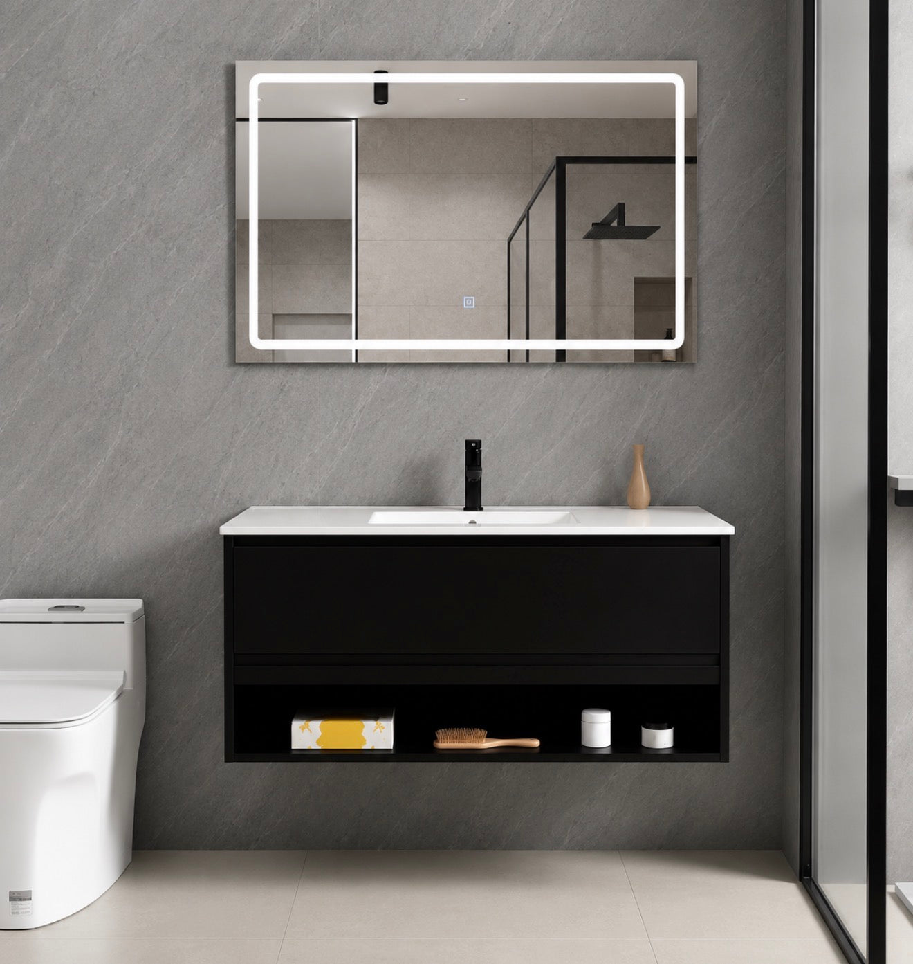 SG-9318 40-Inch Matte Black Floating Vanity Set with LED Mirror