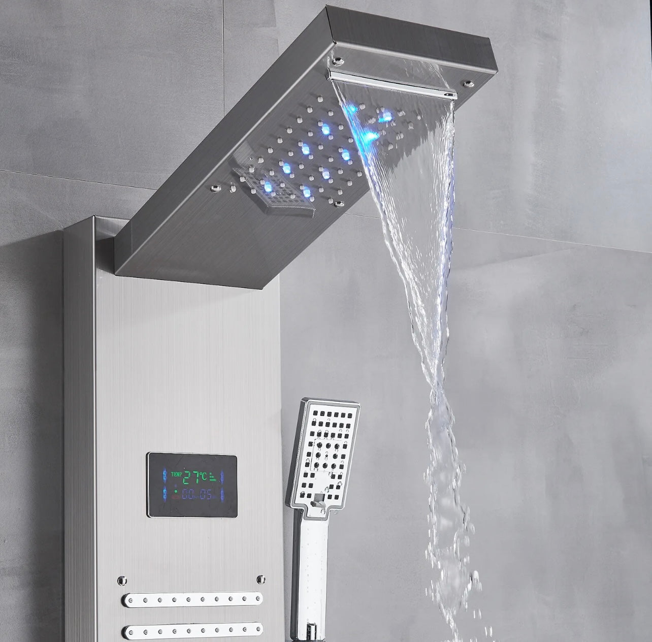 Stainless Steel LED Shower Panel 6 Funtion Tower Rain&Waterfall Massage Jets System Mixer