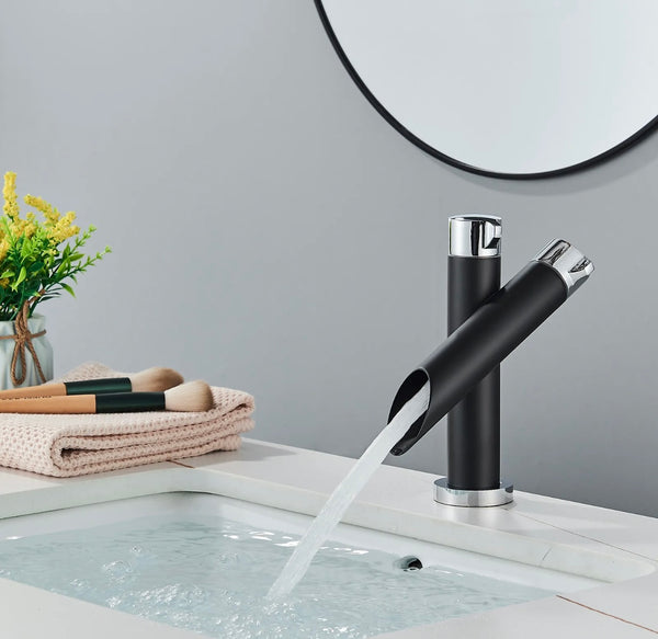 #1431 MATTE BLACK WITH 2 CHROME KNOBS WATERFALL VANITY FAUCET