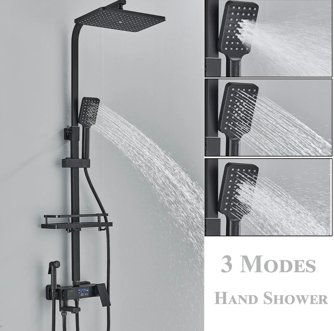 4 In 1 Rainfall Exposed Shower System With LCD Display & Shower Caddy