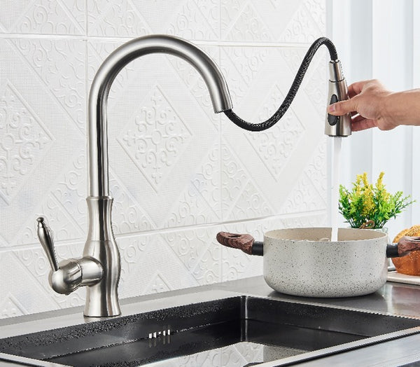 #1594 BRUSHED NICKEL PULL-OUT KITCHEN FAUCET WITH DUAL SPRAY HEAD