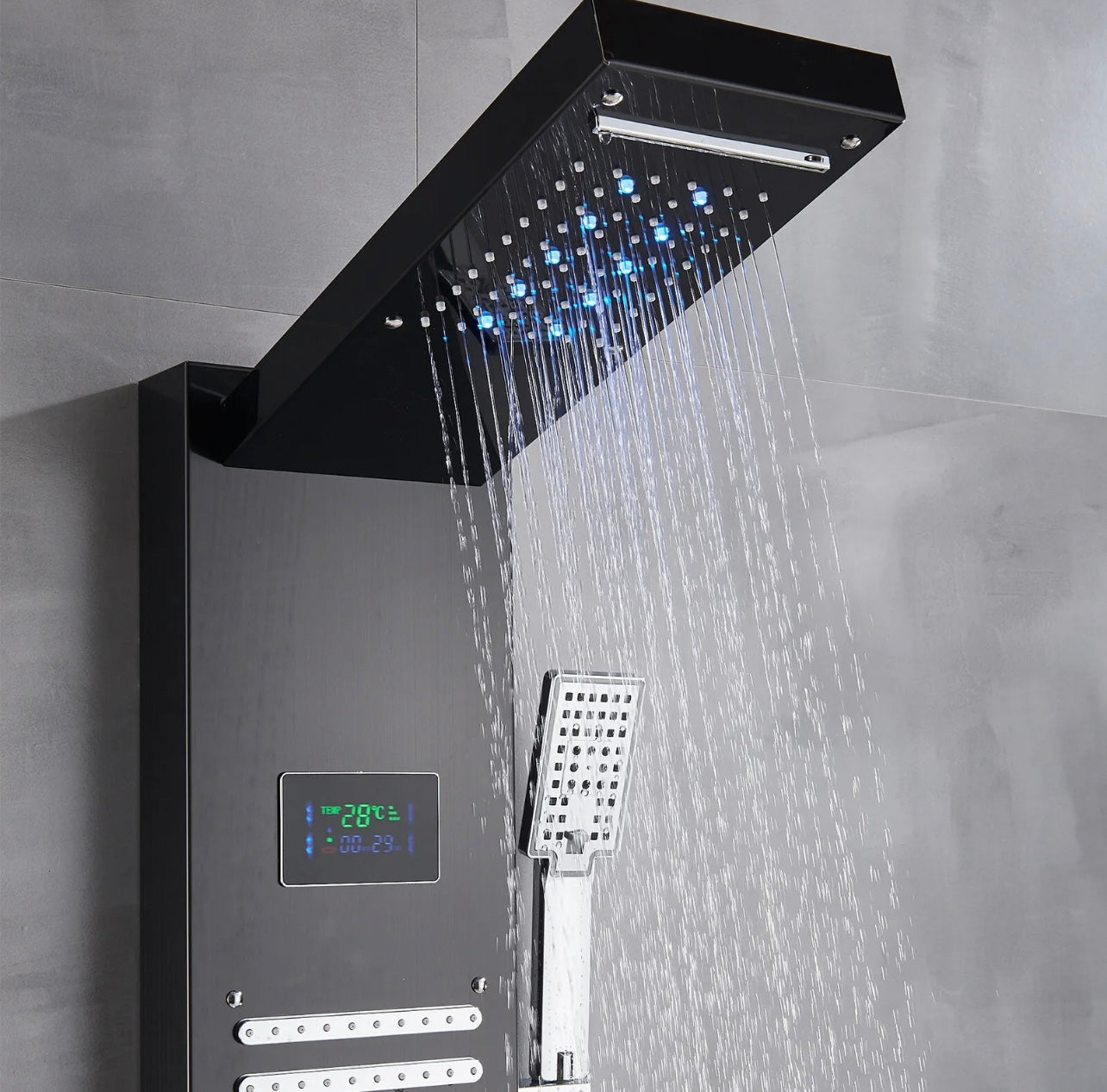 Stainless Steel LED Shower Panel 6 Funtion Tower Rain&Waterfall Massage Jets System Mixer