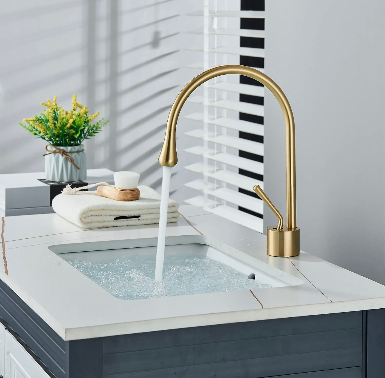 Brushed Gold Goose Neck Waterfall vanity faucet