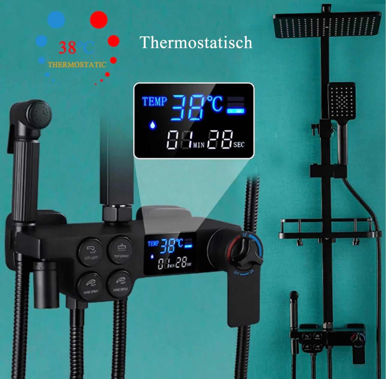 4 In 1 Rainfall Thermostatic Exposed Shower System With LCD Display