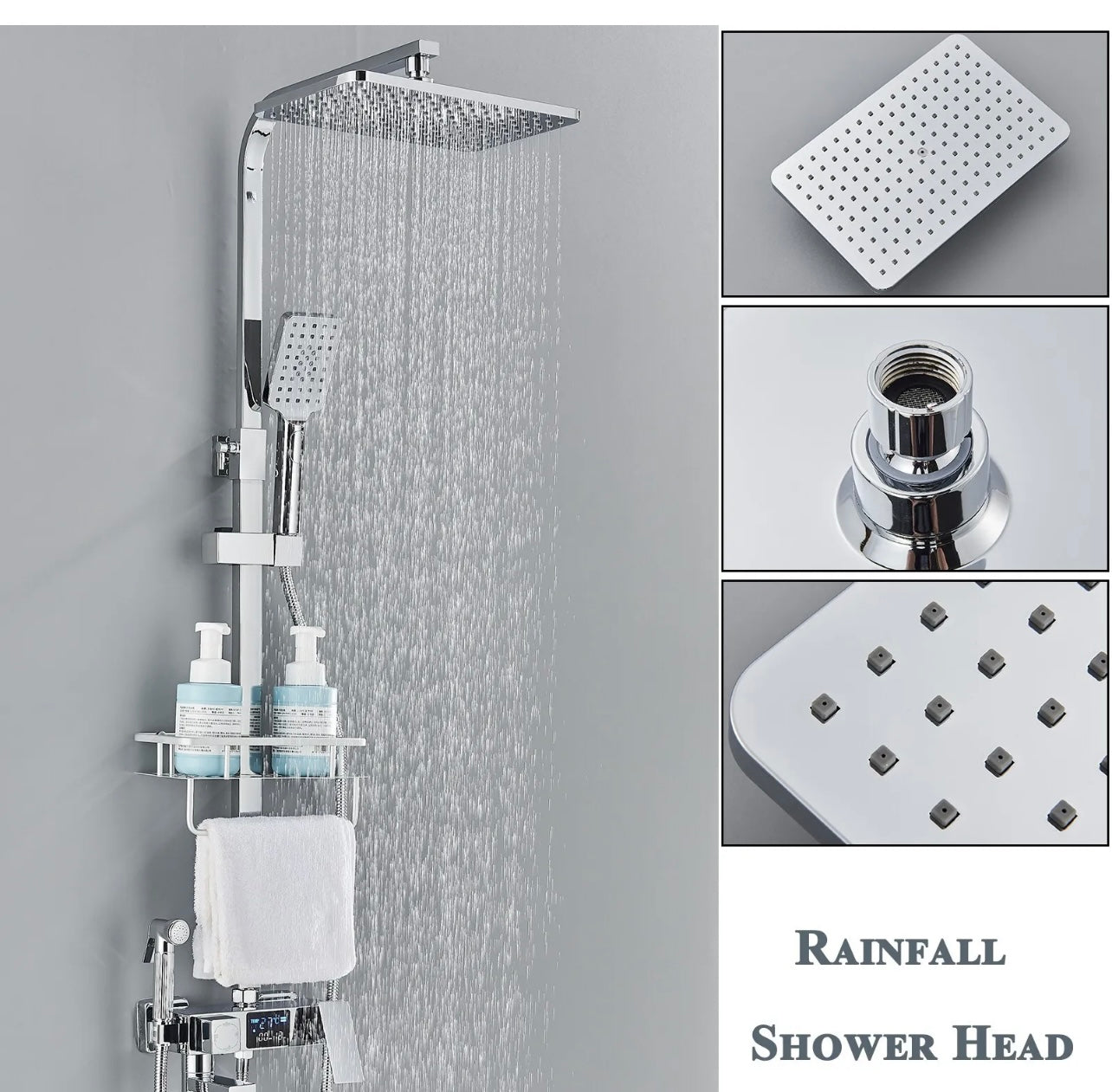 4 In 1 Rainfall Exposed Shower System With LCD Display & Shower Caddy