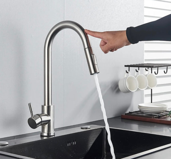 #1571 BRUSHED NICKEL PULL-OUT TOUCH SENSOR KITCHEN FAUCET WITH DUAL SPRAY HEAD