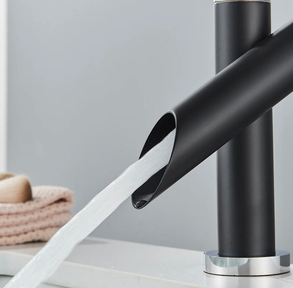 #1431 MATTE BLACK WITH 2 CHROME KNOBS WATERFALL VANITY FAUCET