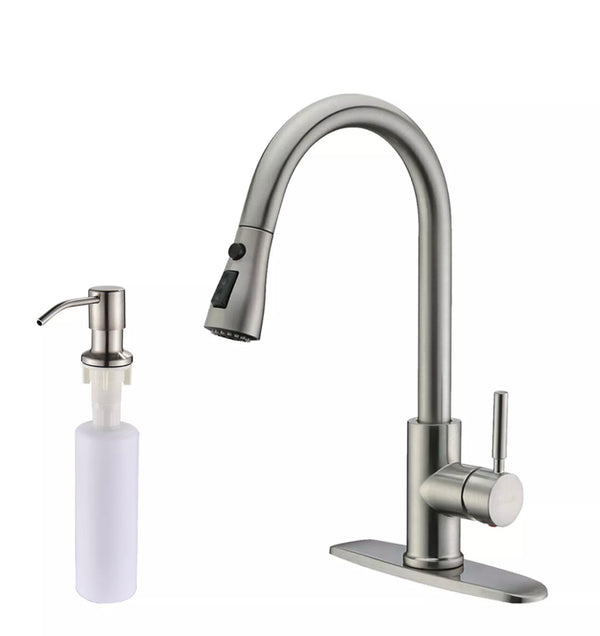 #1589 BRUSHED NICKEL PULL-OUT KITCHEN FAUCET WITH DUAL SPRAY HEAD AND STOP FEATURE + SOAP DISPENSER