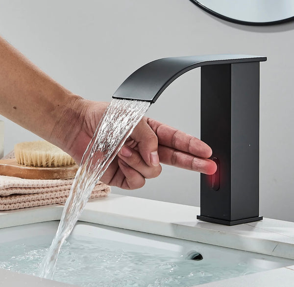 #1433 MATTE BLACK TOUCHLESS WITH INFRARED SENSOR WATERFALL SPOUT VANITY FAUCET