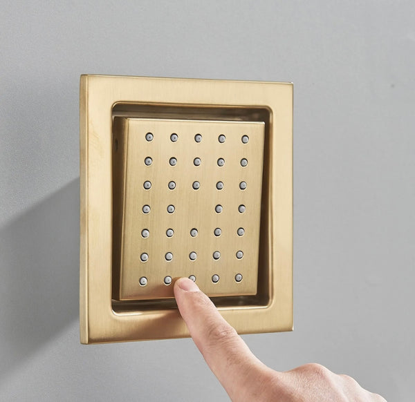 16x32 INCH BRUSHED GOLD LED 3 FUNCTION CEILING MOUNT SHOWER SYSTEM WITH 6x MASSAGE JETS